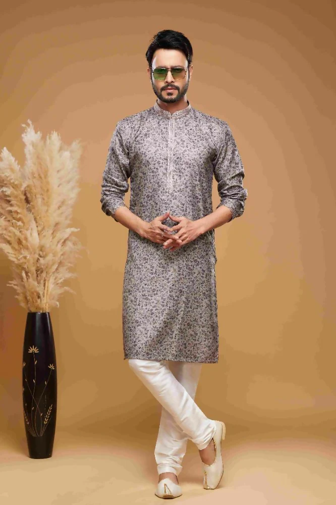 Raivat Ethnic Art Silk Digital Print Pintux Work Kurta Pajama In Grey Colour - Image 3