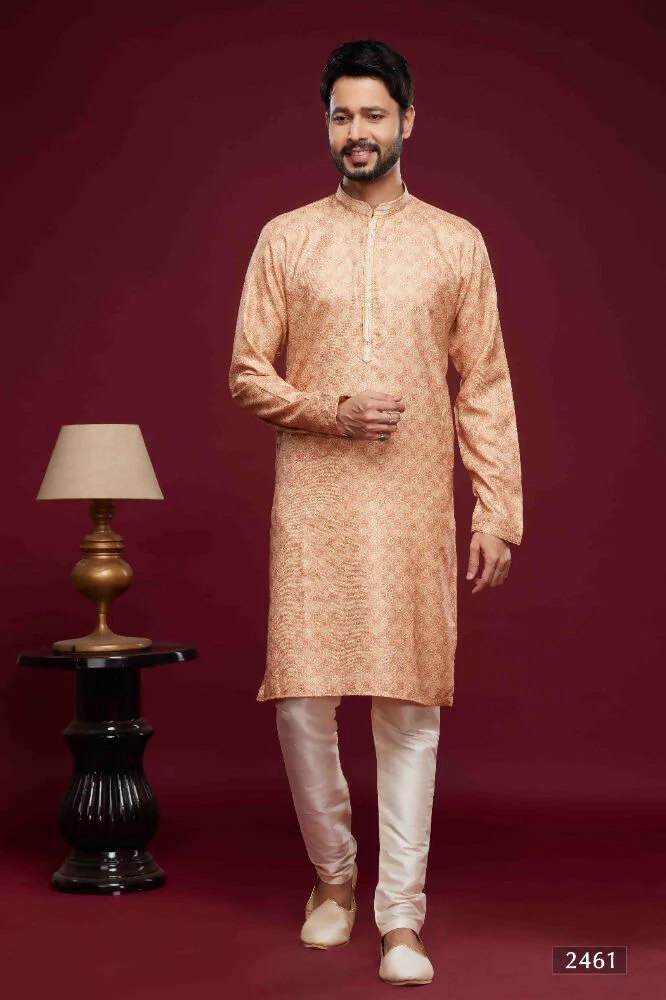 Raivat Ethnic Art Silk Digital Print Pintux Work Kurta Pajama In Peach Colour
