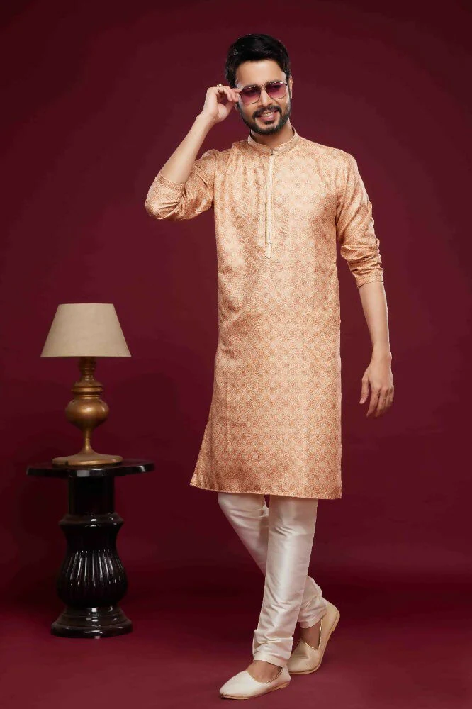 Raivat Ethnic Art Silk Digital Print Pintux Work Kurta Pajama In Peach Colour - Image 3