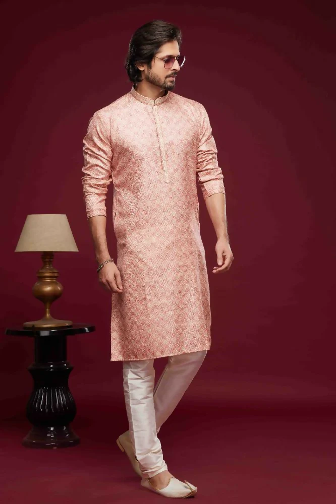 Raivat Ethnic Art Silk Digital Print Pintux Work Kurta Pajama In Pink Colour