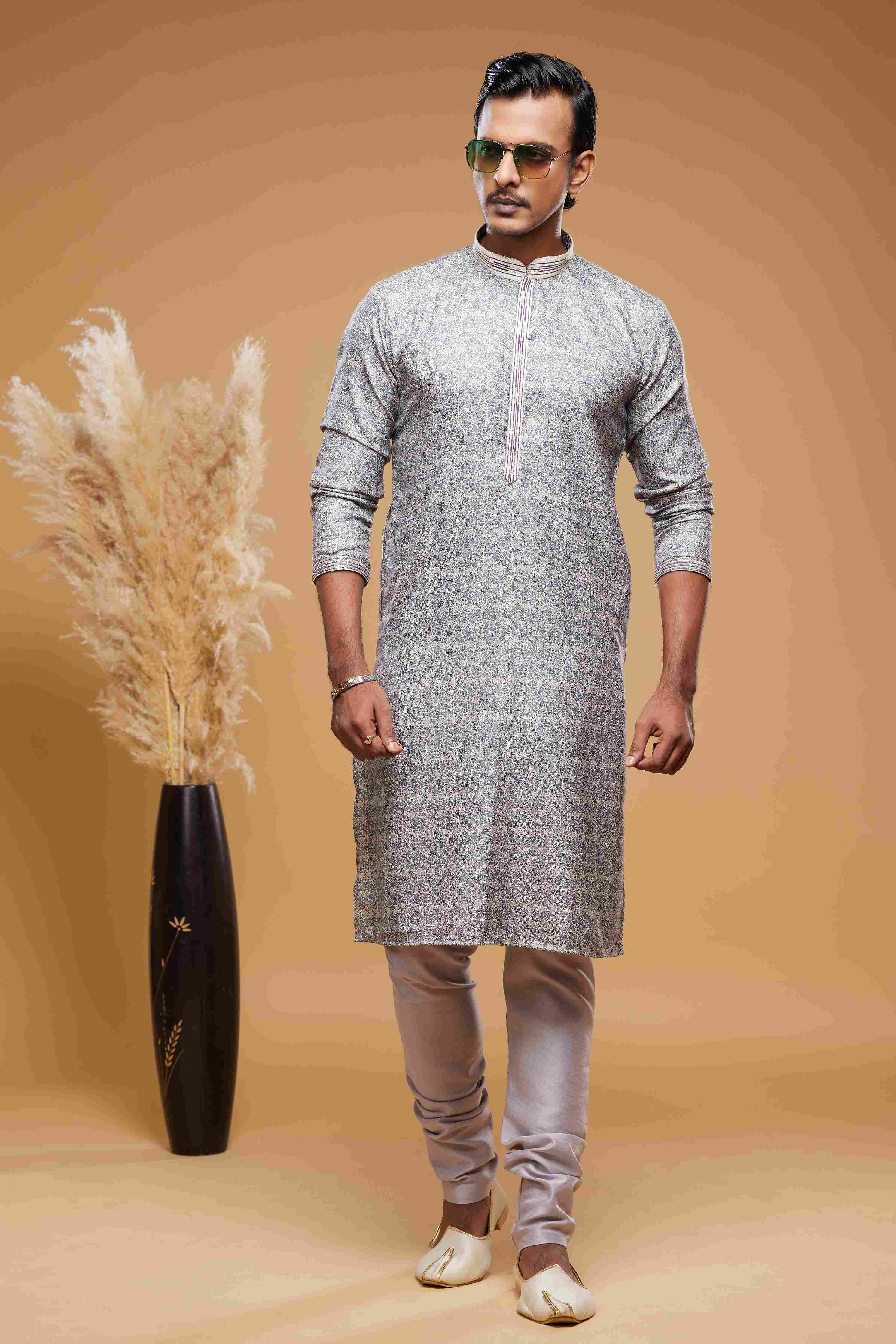 Raivat Ethnic Art Silk Digital Print Pintux Work Kurta Pajama In Purple Grey Colour - Image 3