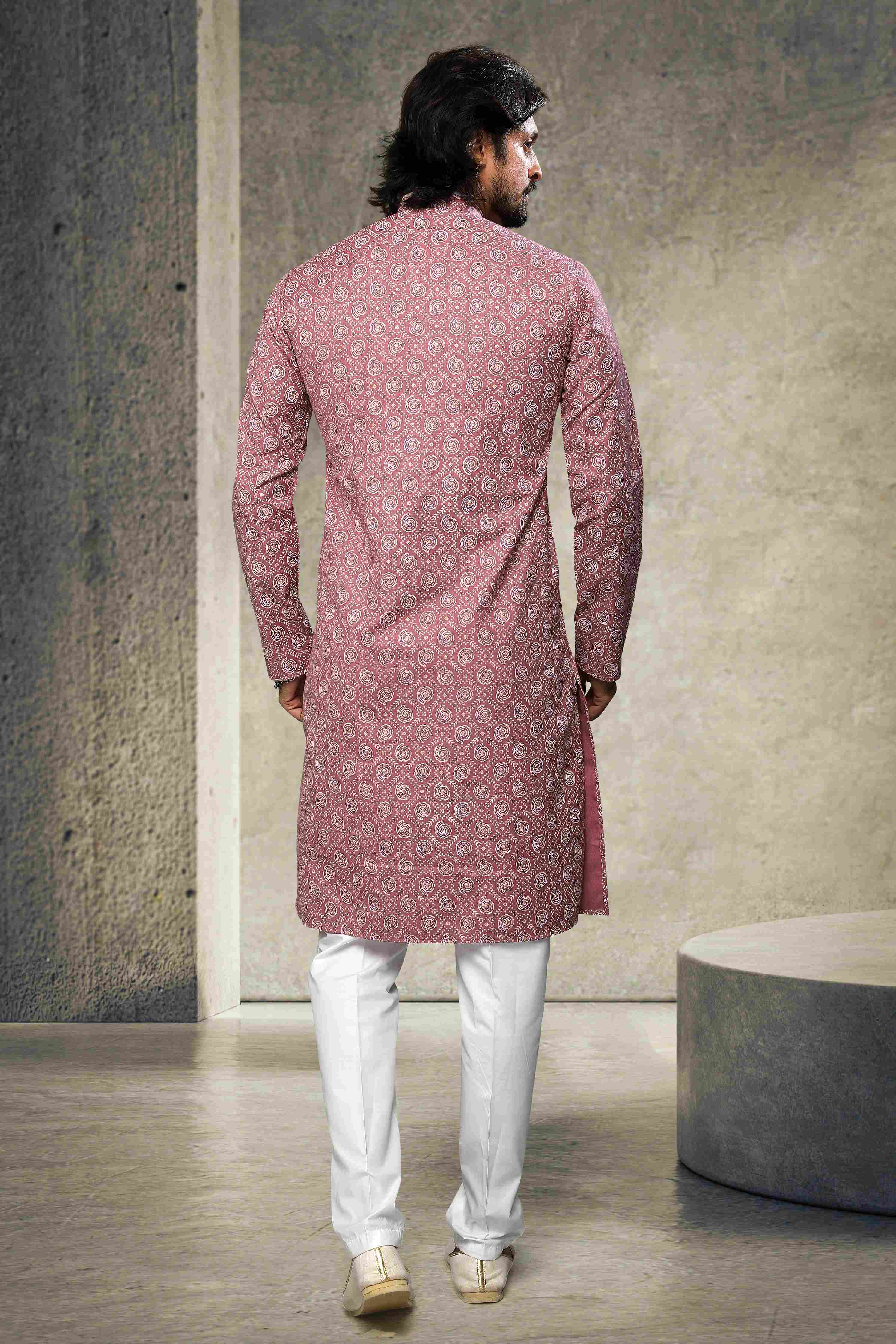 Raivat Ethnic Cotton Printed Work Kurta Pajama In Dusty Pink Colour - Image 3