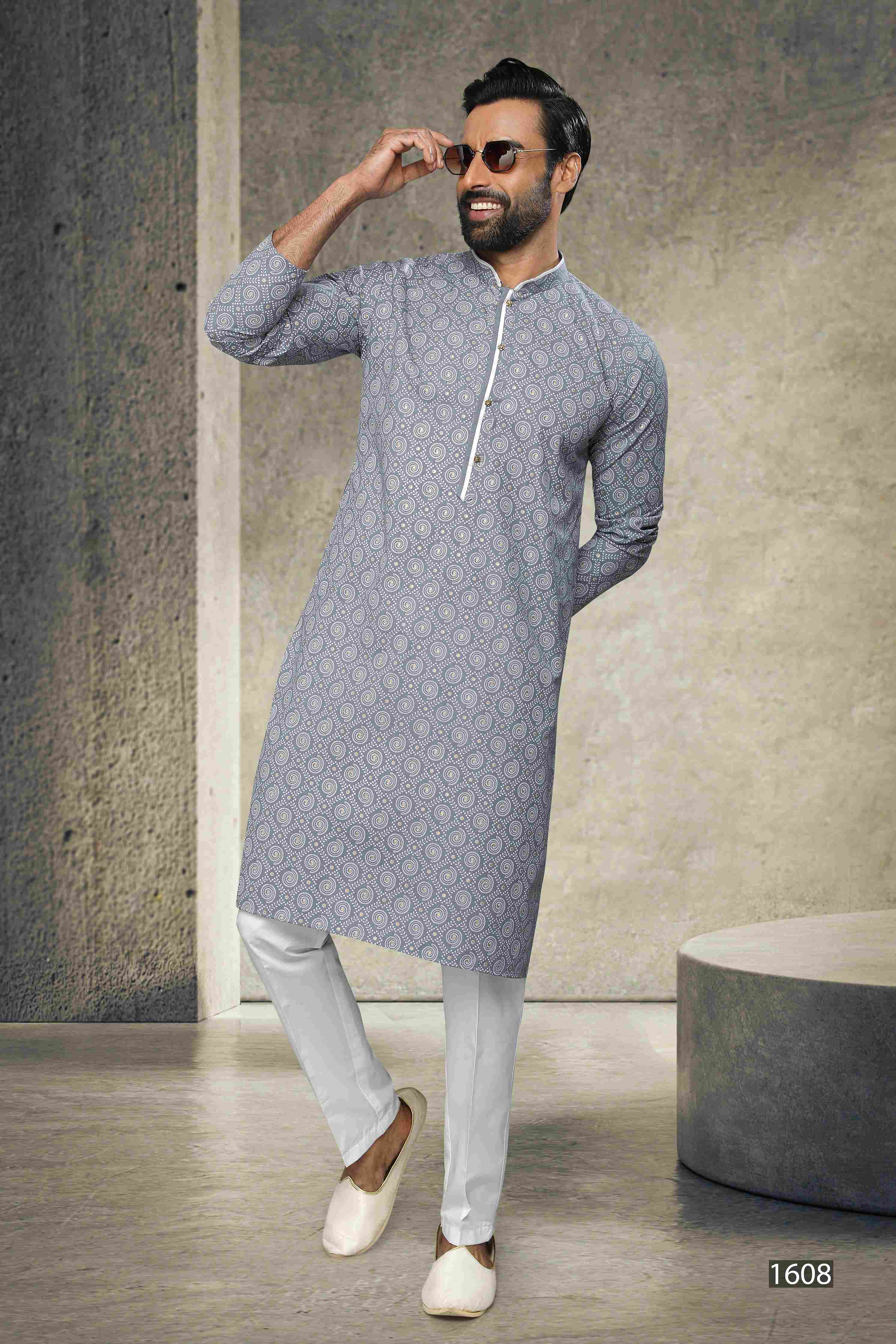 Raivat Ethnic Cotton Printed Work Kurta Pajama In Grey Colour - Image 2