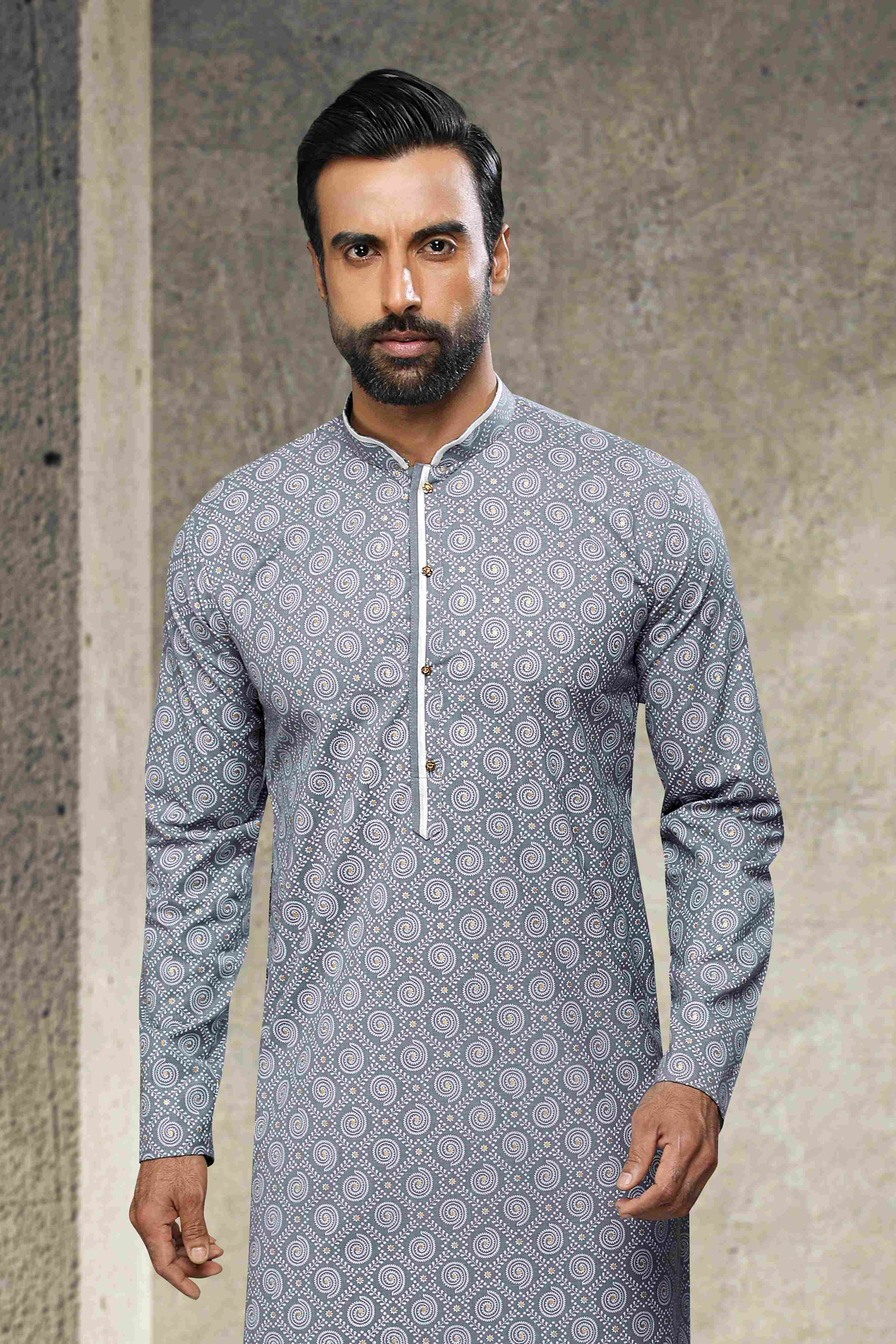 Raivat Ethnic Cotton Printed Work Kurta Pajama In Grey Colour - Image 4