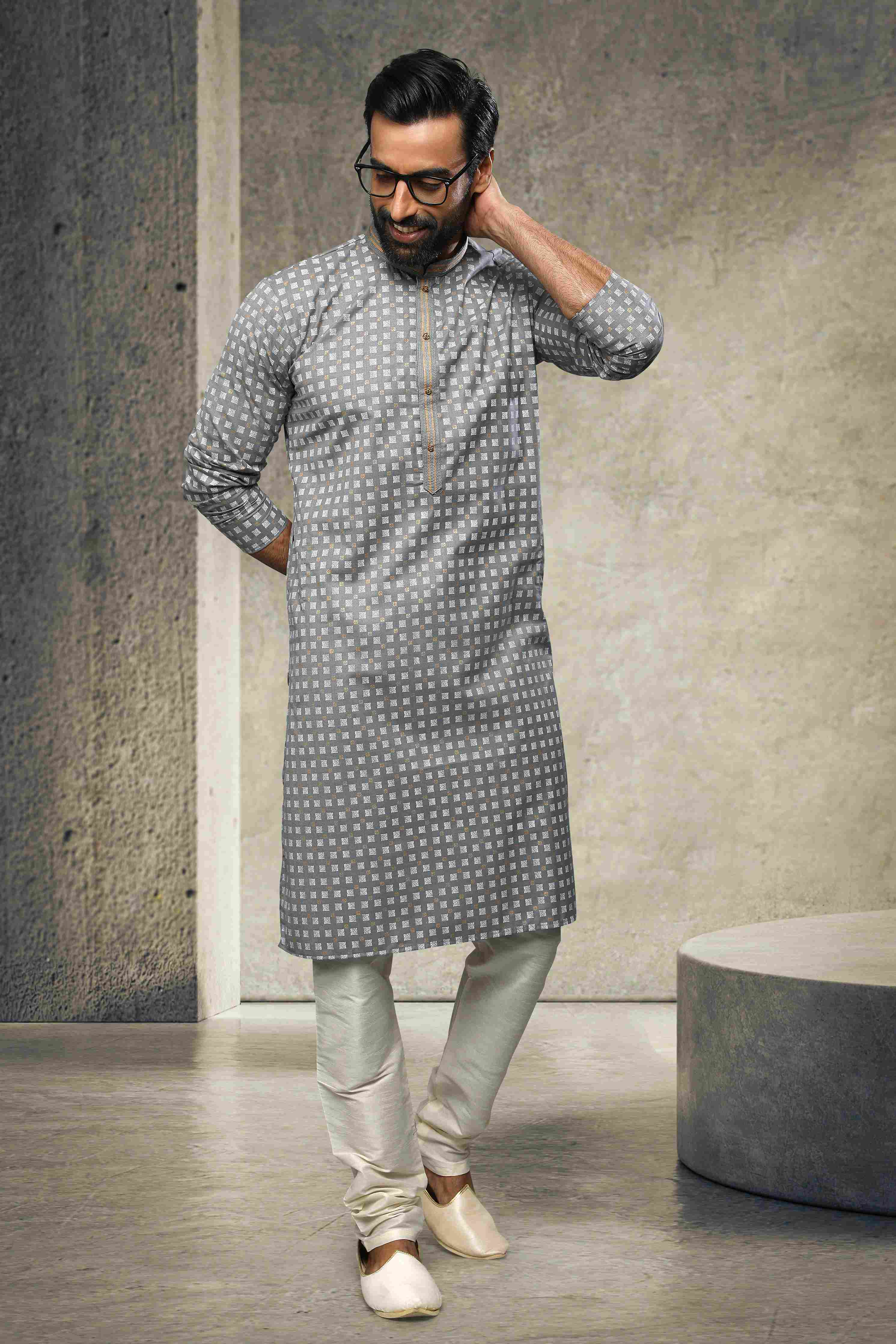 Raivat Ethnic Cotton Printed Work Kurta Pajama In Grey Colour - Image 4
