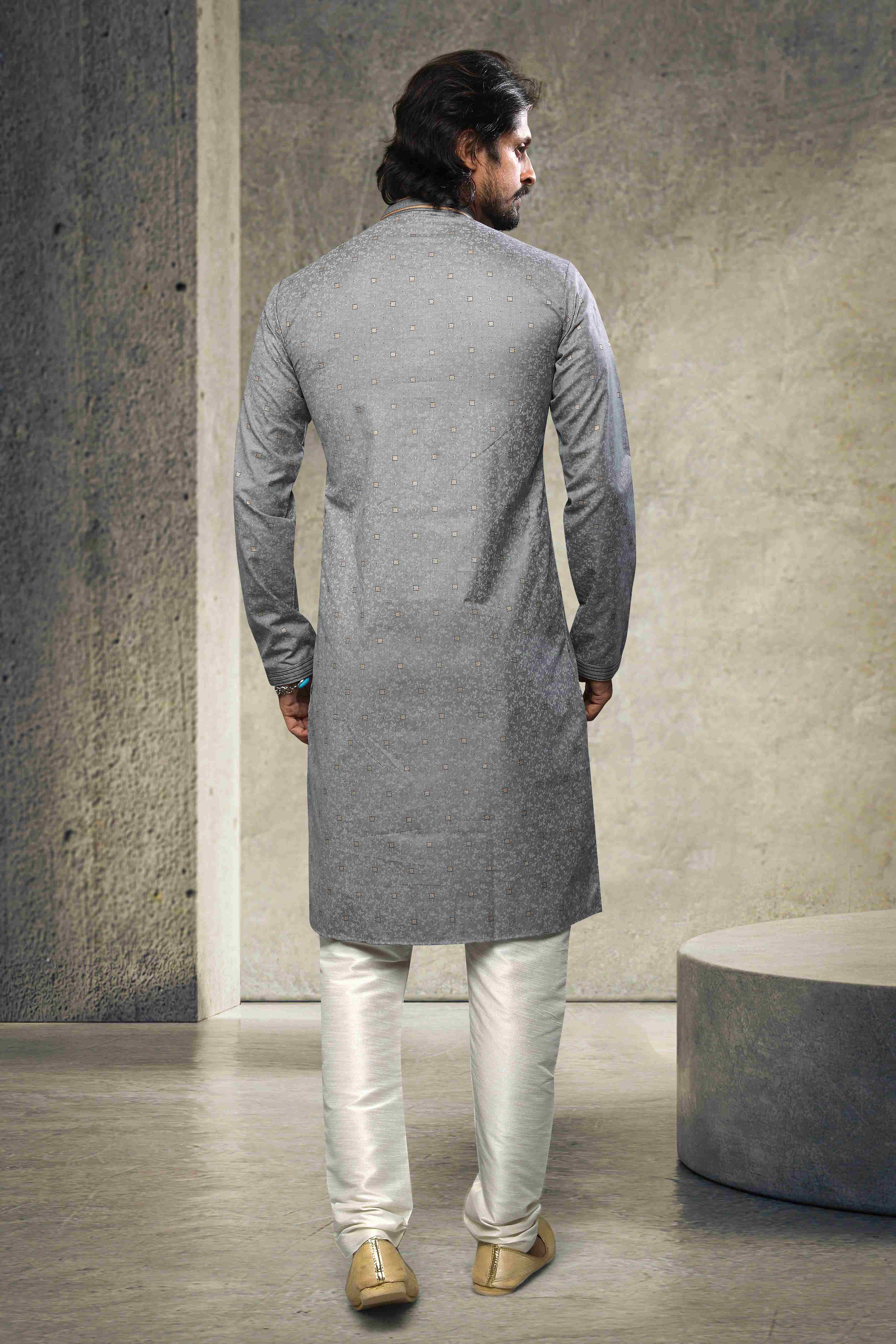 Raivat Ethnic Cotton Printed Work Kurta Pajama In Grey Colour - Image 4