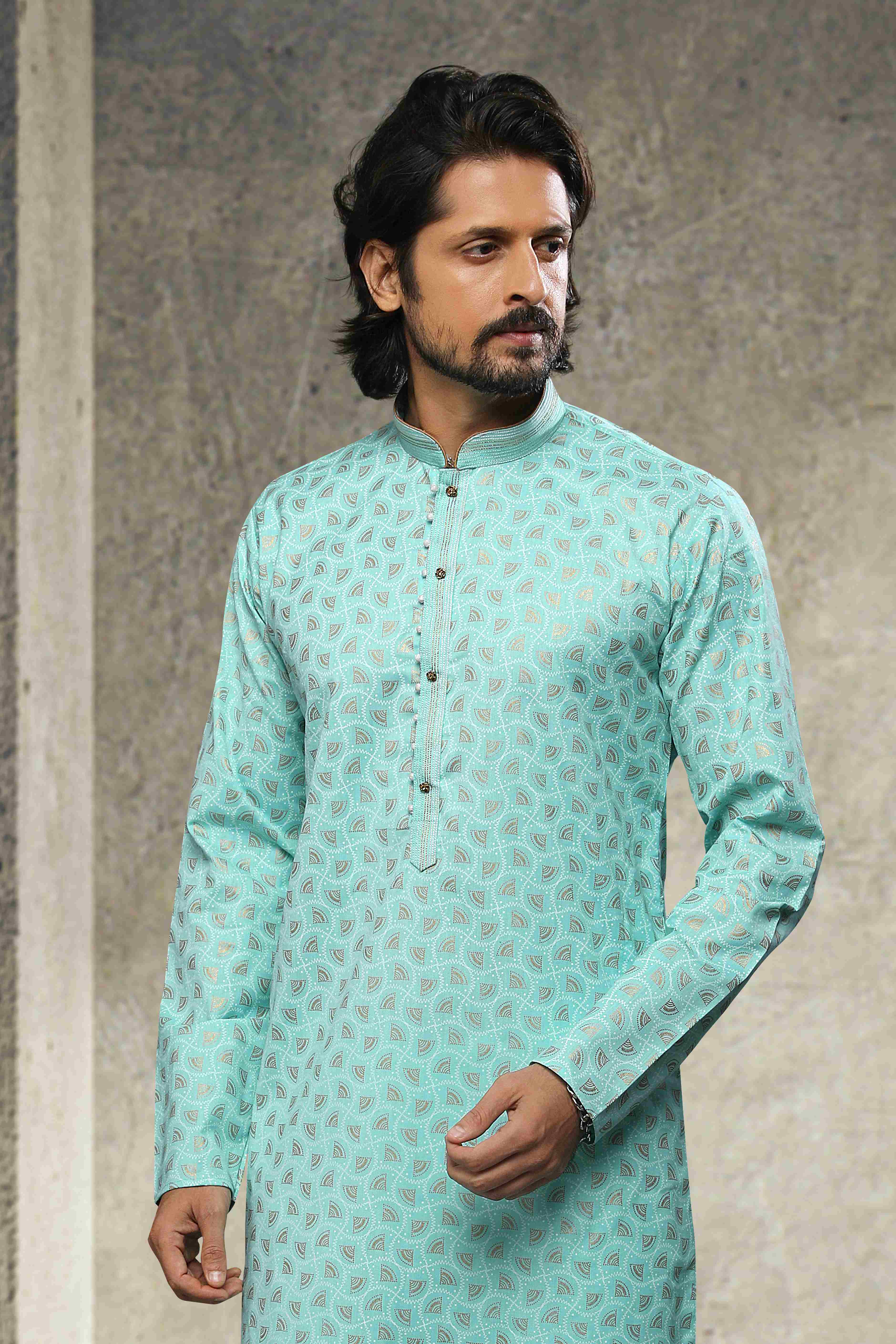 Raivat Ethnic Cotton Printed Work Kurta Pajama In Sea Green Colour - Image 2