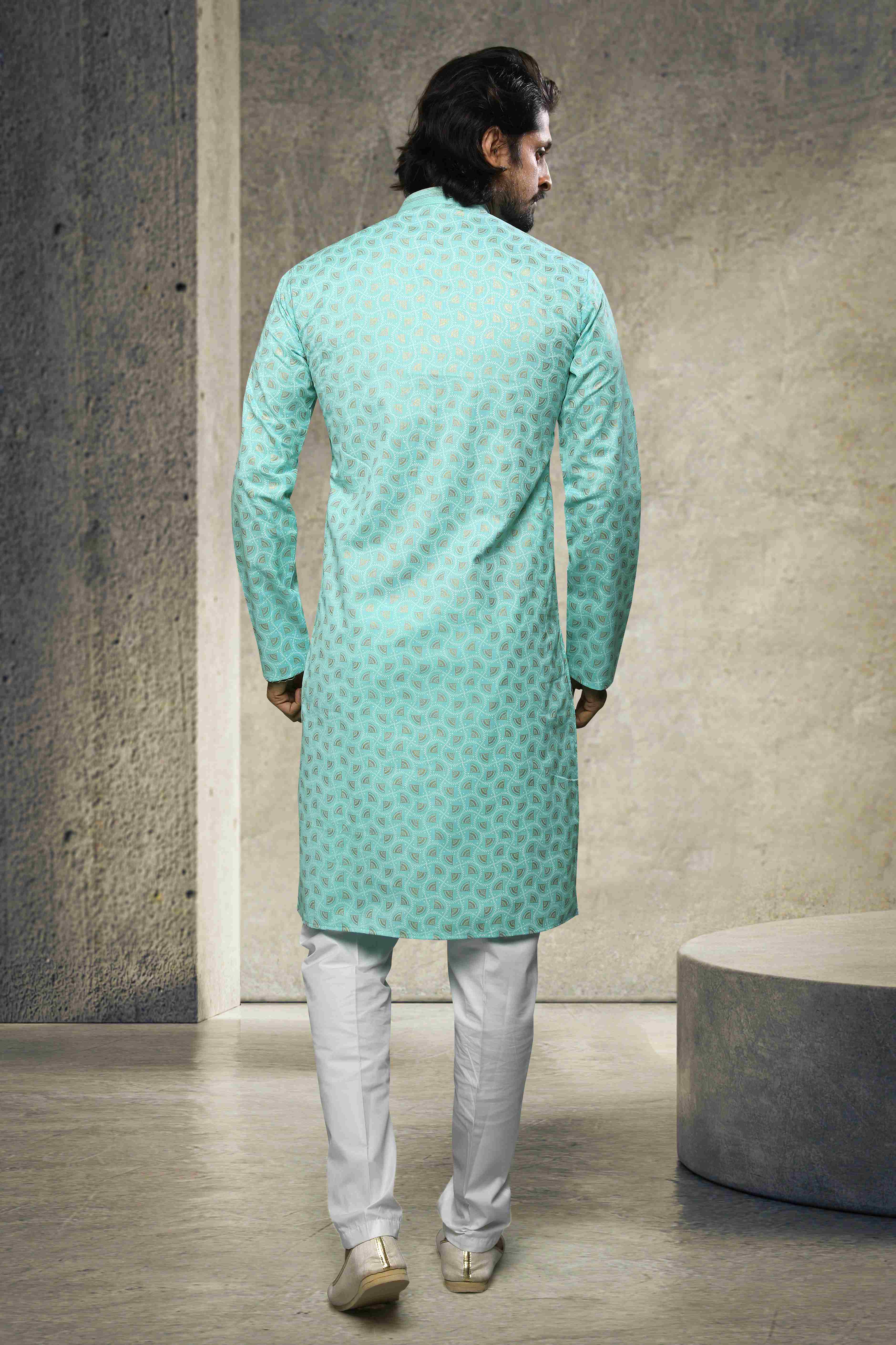 Raivat Ethnic Cotton Printed Work Kurta Pajama In Sea Green Colour - Image 3