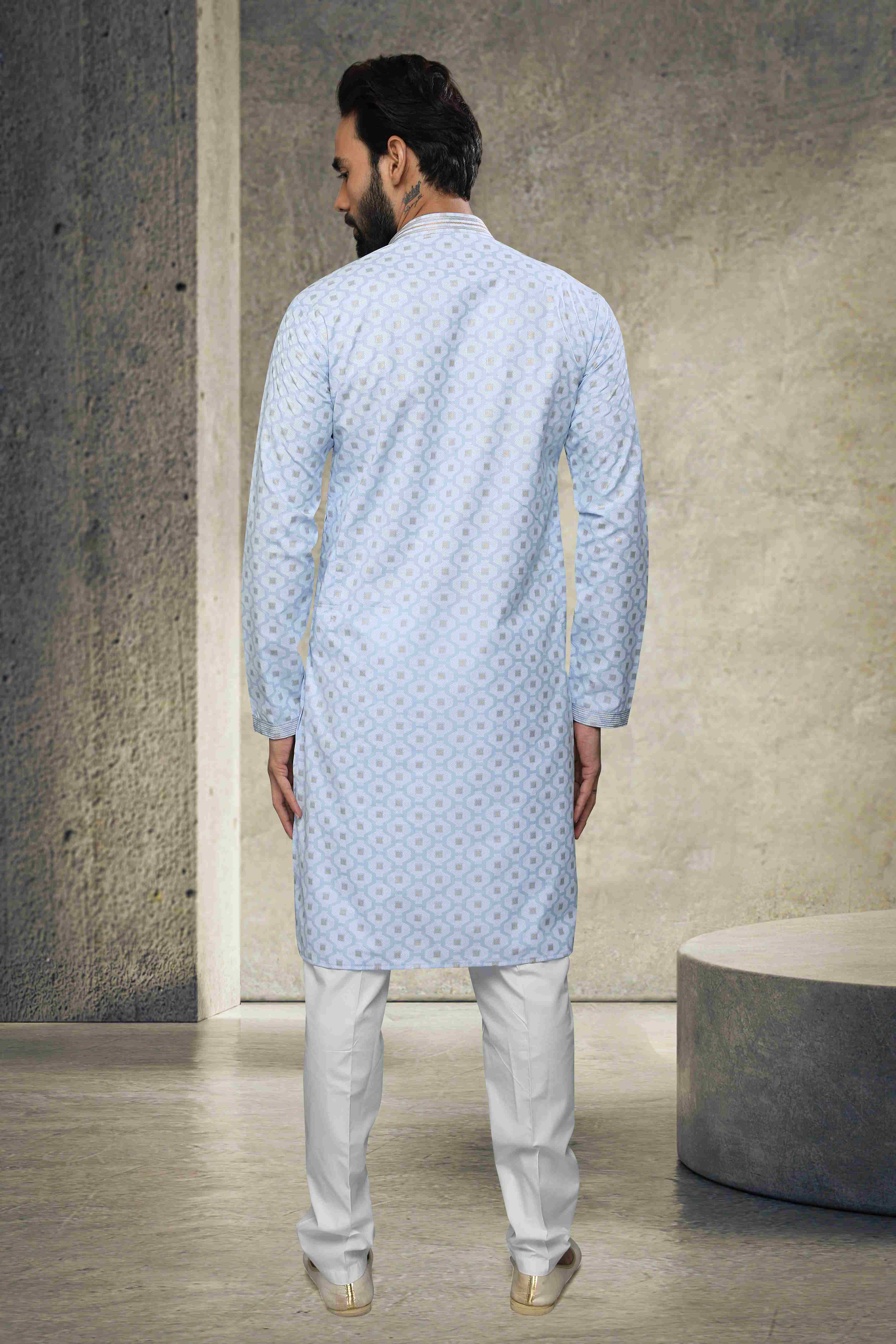 Raivat Ethnic Cotton Printed Work Kurta Pajama In Sky Blue Colour - Image 3