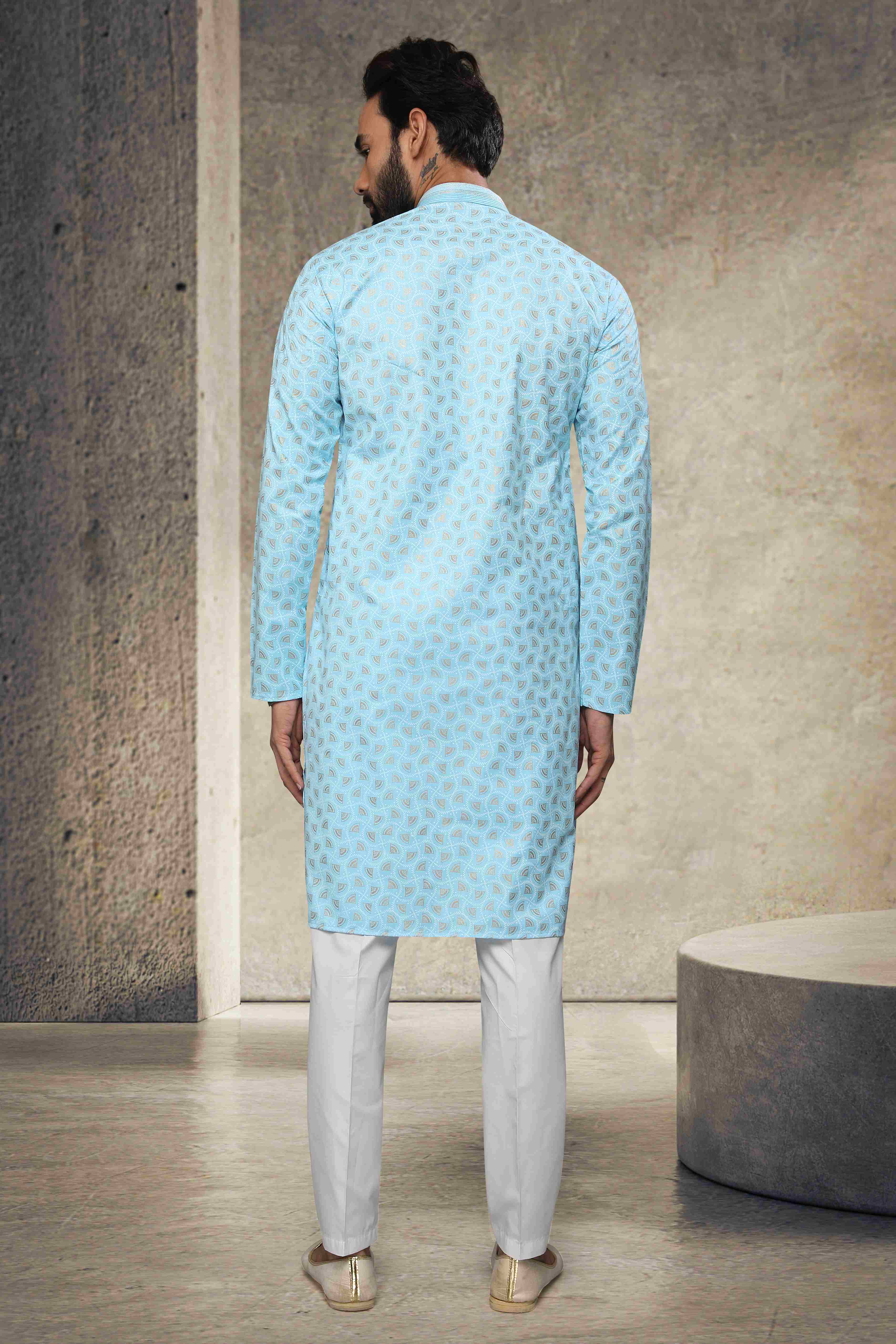 Raivat Ethnic Cotton Printed Work Kurta Pajama In Sky Blue Colour - Image 3