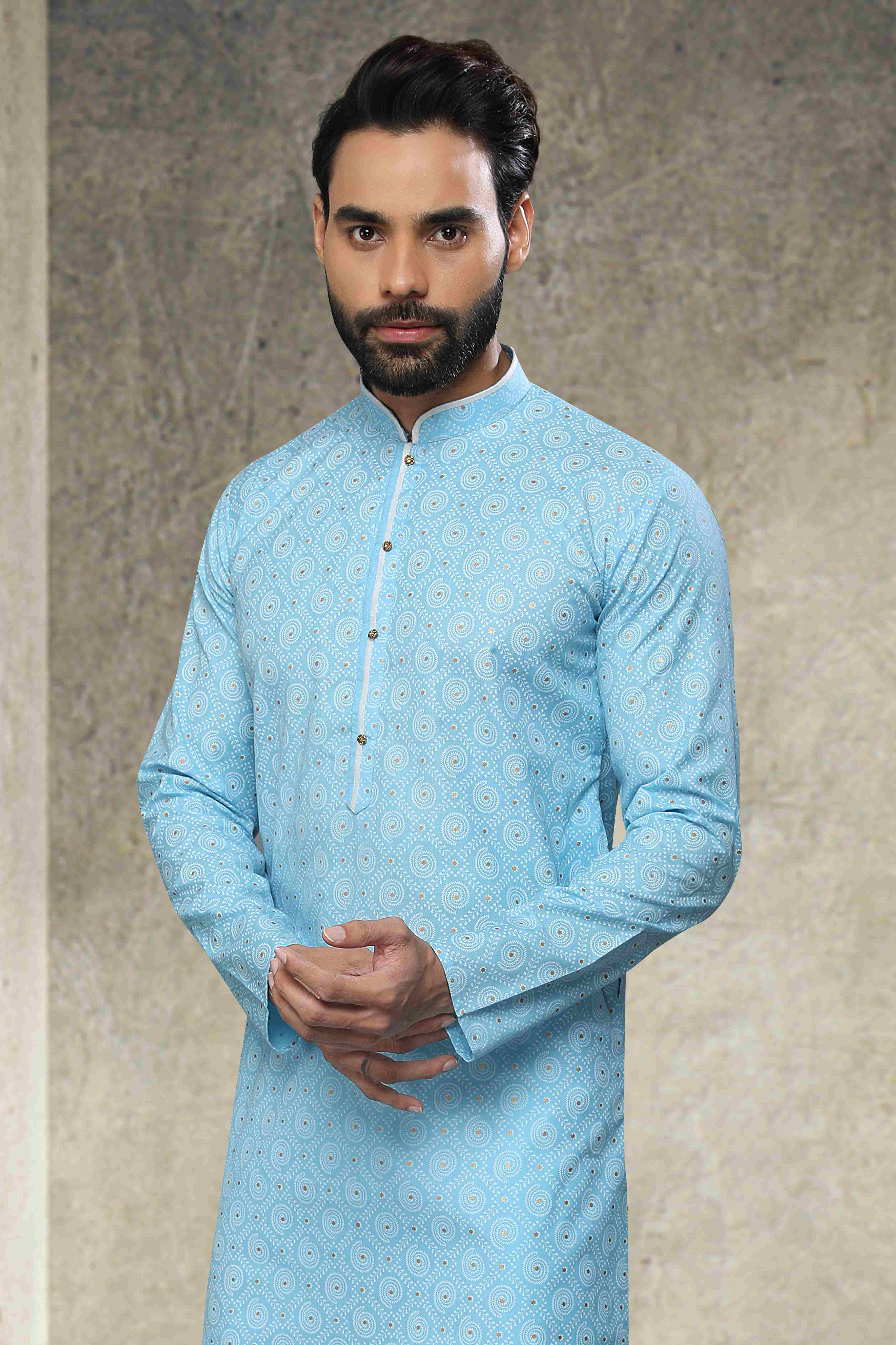 Raivat Ethnic Cotton Printed Work Kurta Pajama In Sky Blue Colour - Image 2