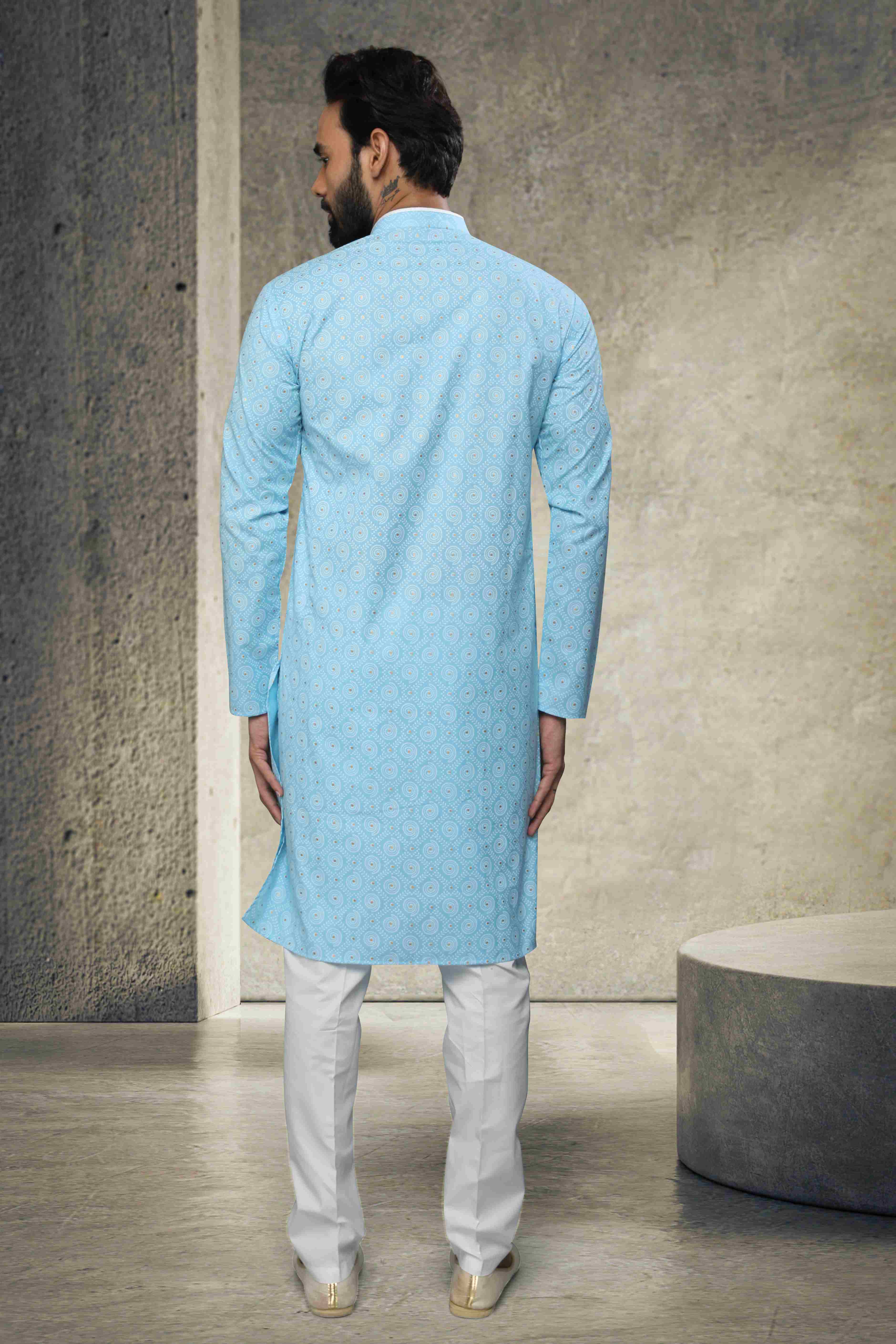 Raivat Ethnic Cotton Printed Work Kurta Pajama In Sky Blue Colour - Image 3