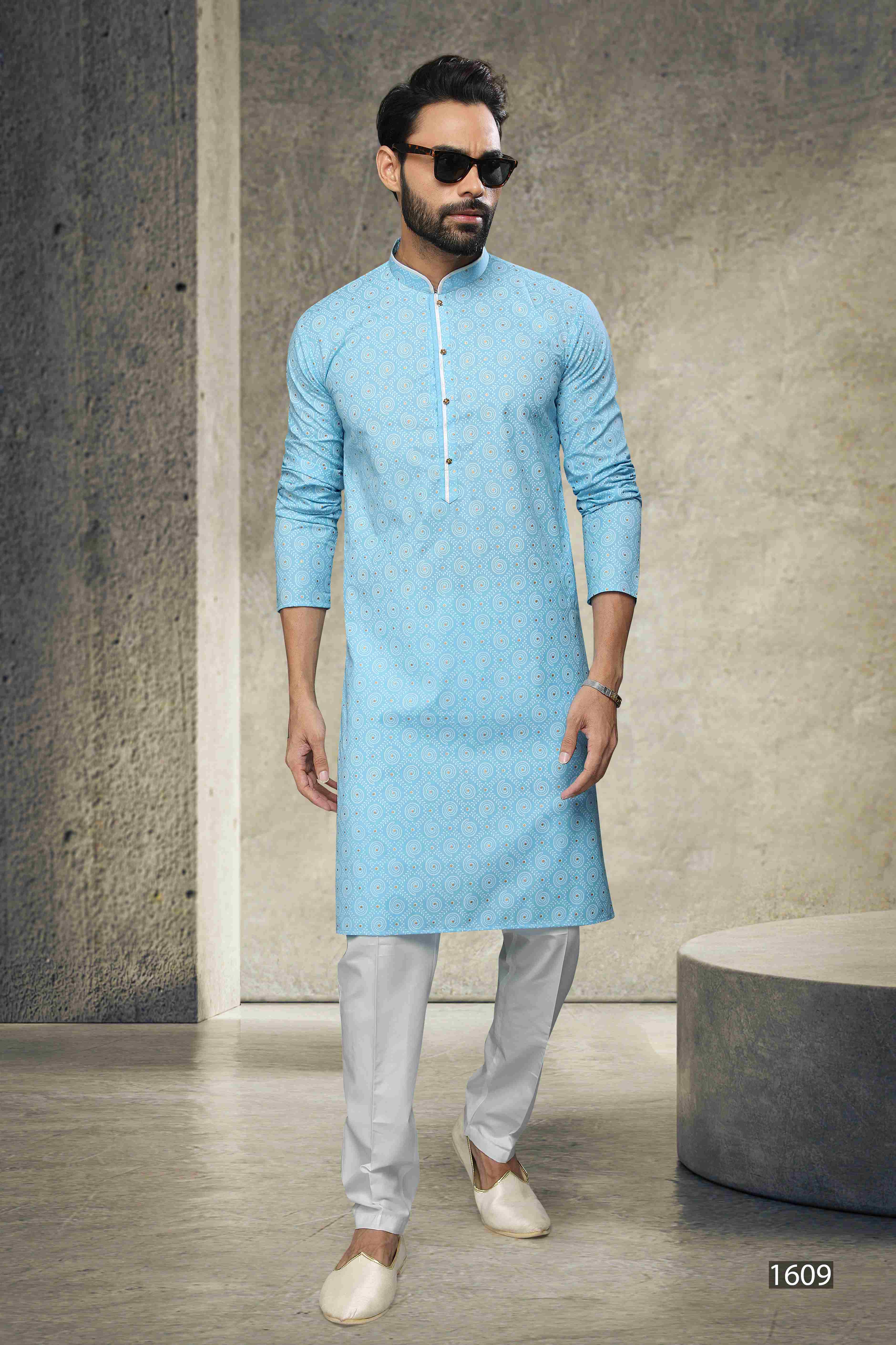 Raivat Ethnic Cotton Printed Work Kurta Pajama In Sky Blue Colour - Image 4