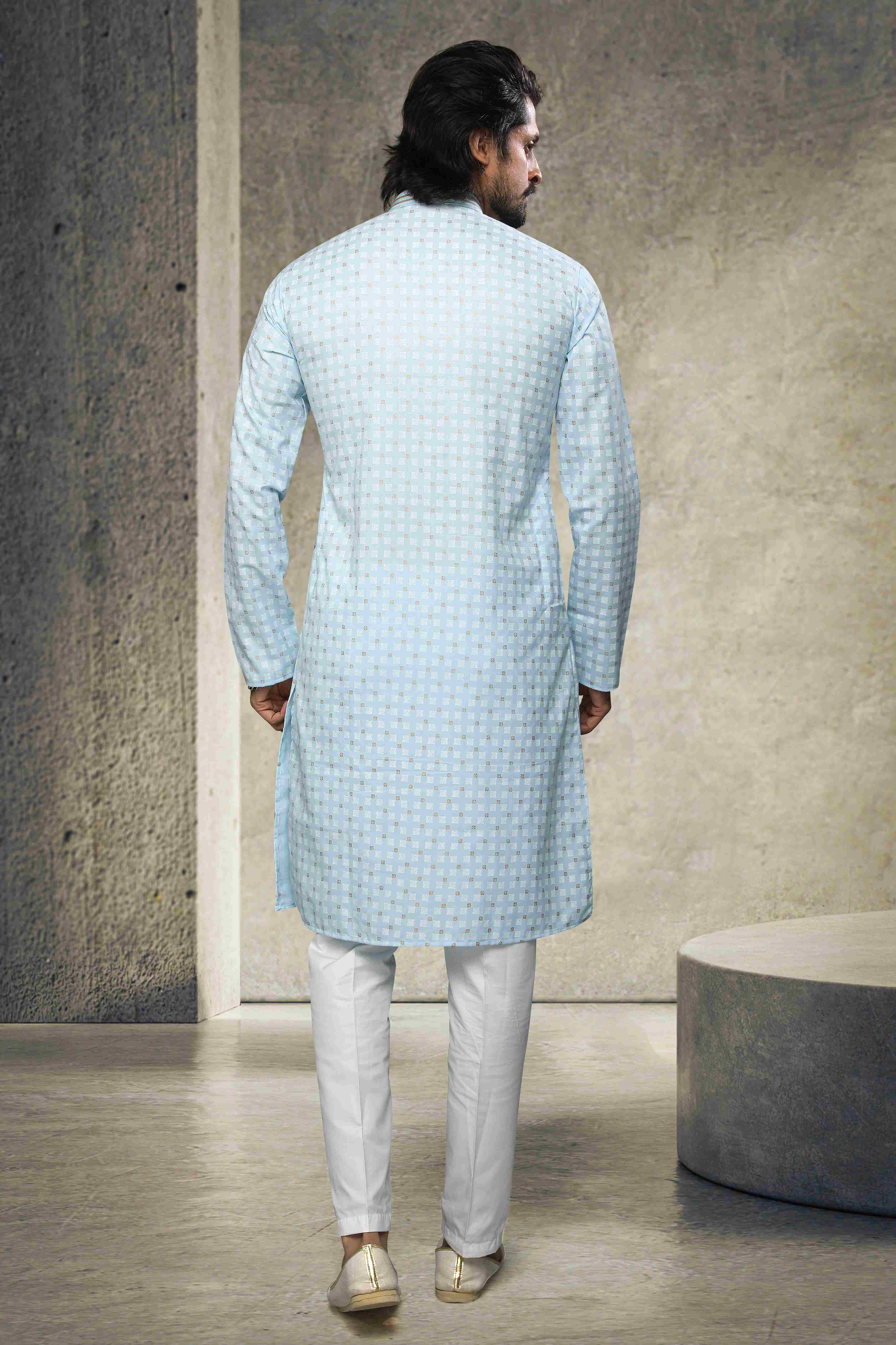 Raivat Ethnic Cotton Printed Work Kurta Pajama In Sky Blue Colour - Image 3