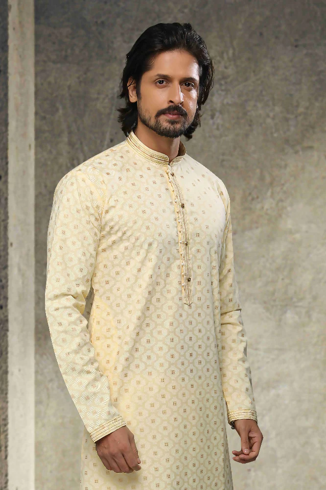 Raivat Ethnic Cotton Printed Work Kurta Pajama In Yellow Colour - Image 2