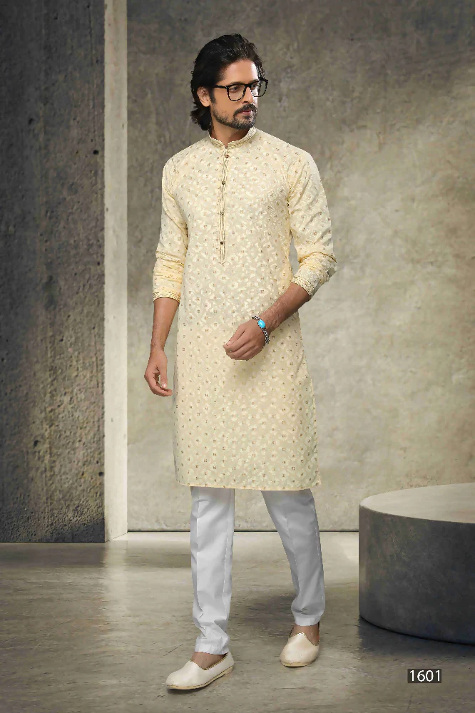 Raivat Ethnic Cotton Printed Work Kurta Pajama In Yellow Colour - Image 3