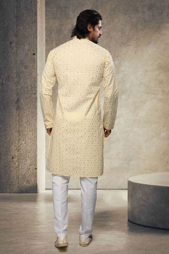 Raivat Ethnic Cotton Printed Work Kurta Pajama In Yellow Colour - Image 4