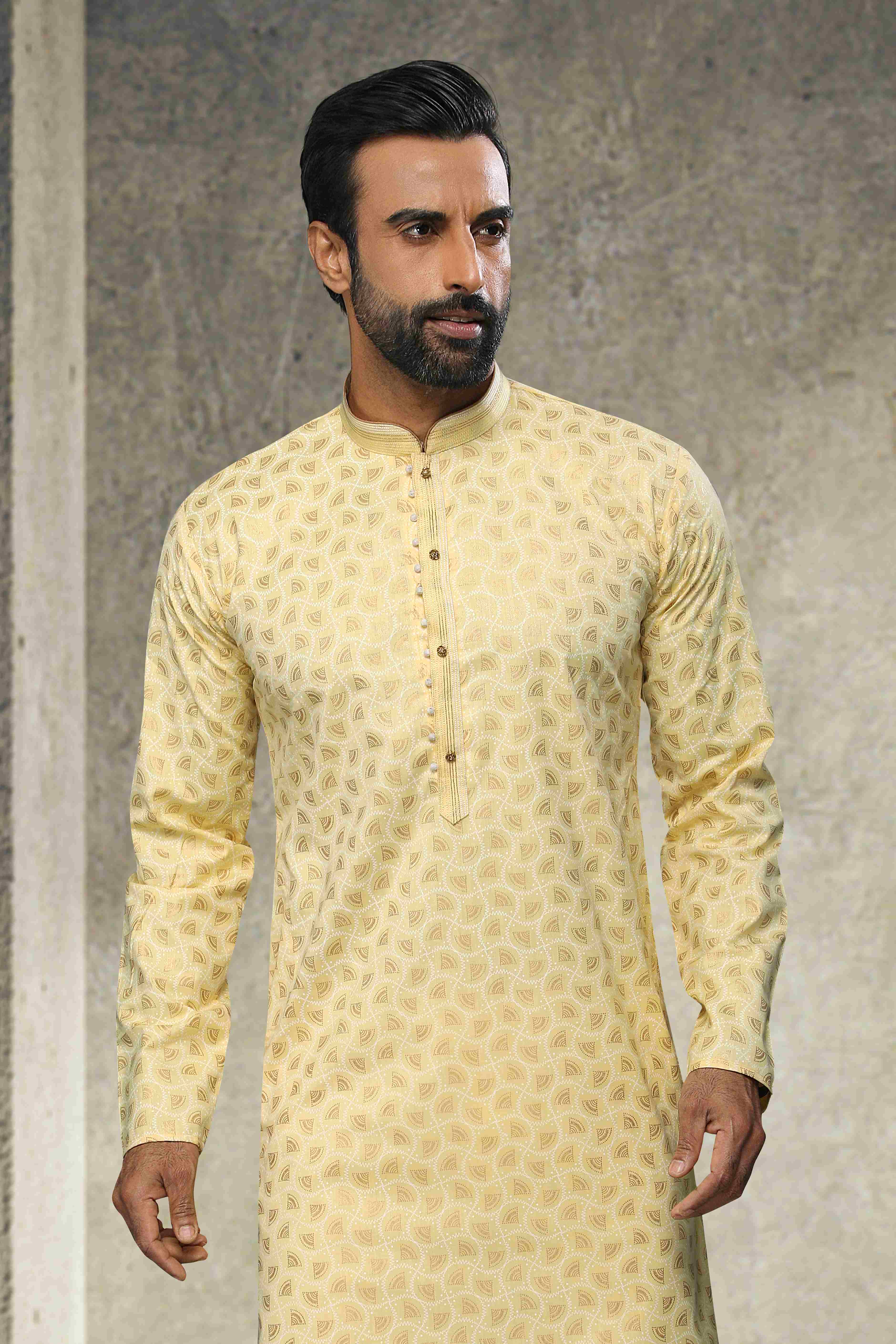 Raivat Ethnic Cotton Printed Work Kurta Pajama In Yellow Colour - Image 2