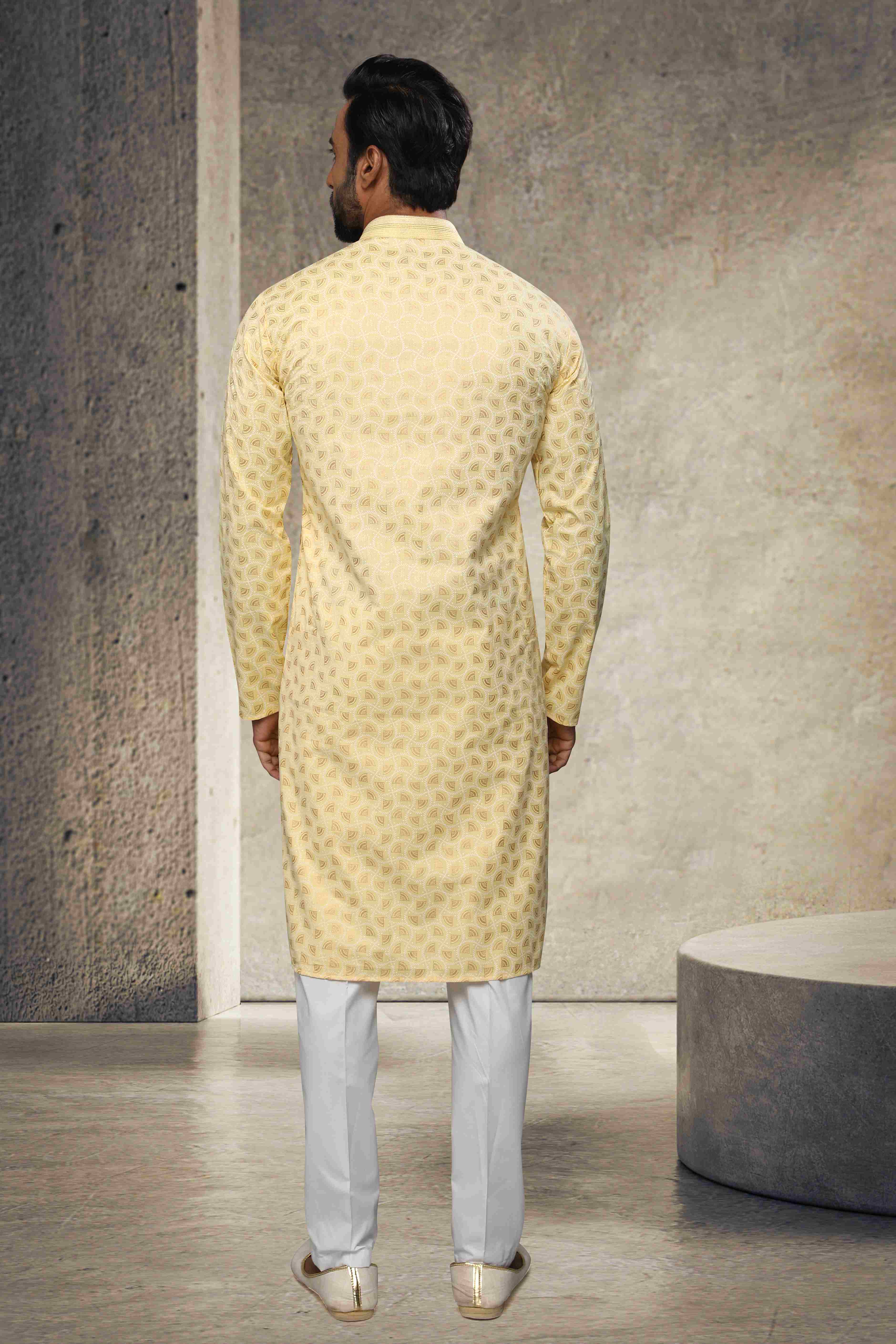 Raivat Ethnic Cotton Printed Work Kurta Pajama In Yellow Colour - Image 3