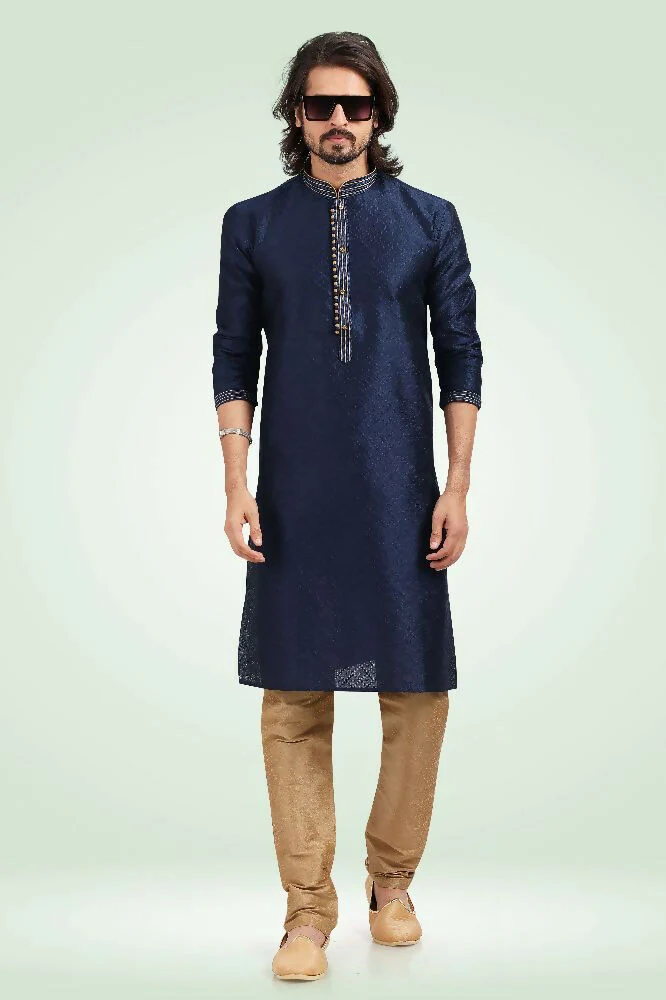 Raivat Ethnic Jacquard Banarasi Silk Pintux Work Kurta Pajama In Blue Colour - Image 3