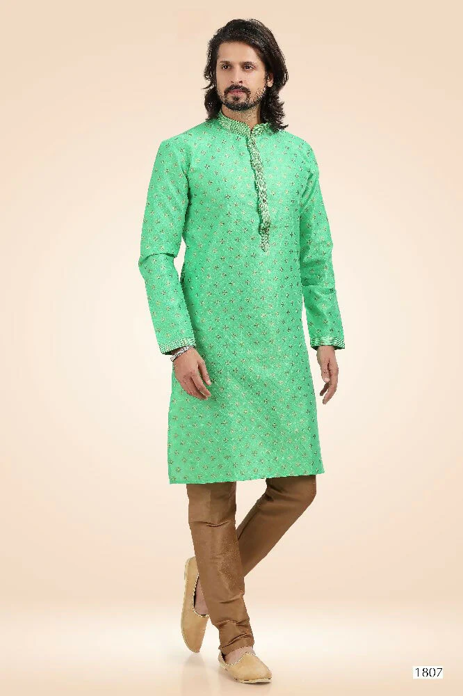 Raivat Ethnic Jacquard Banarasi Silk Pintux Work Kurta Pajama In Green Colour