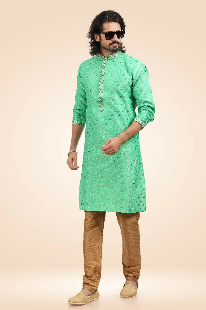 Raivat Ethnic Jacquard Banarasi Silk Pintux Work Kurta Pajama In Green Colour - Image 2