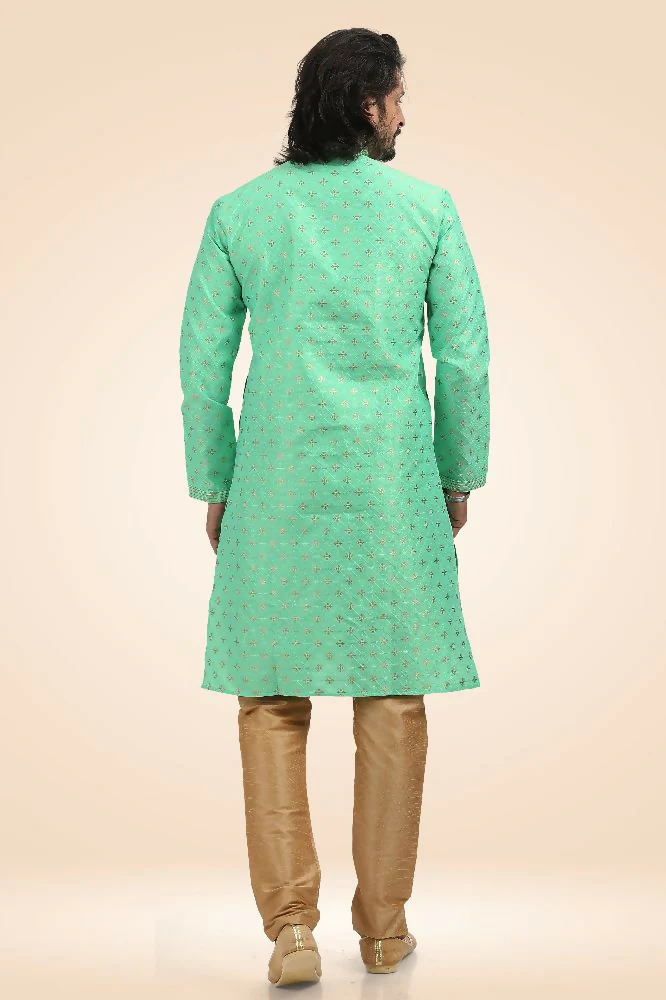 Raivat Ethnic Jacquard Banarasi Silk Pintux Work Kurta Pajama In Green Colour - Image 3