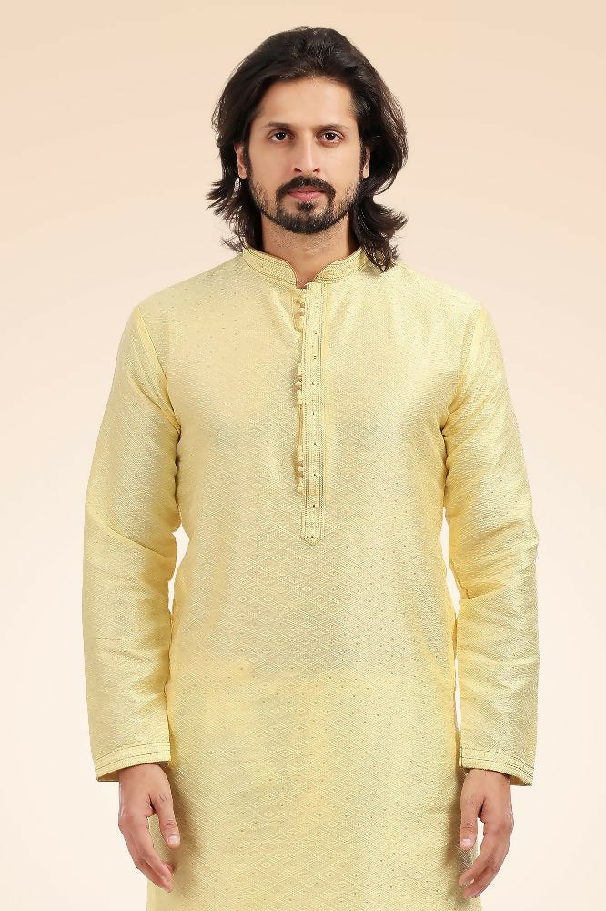 Raivat Ethnic Jacquard Banarasi Silk Pintux Work Kurta Pajama In Lemon Colour - Image 2