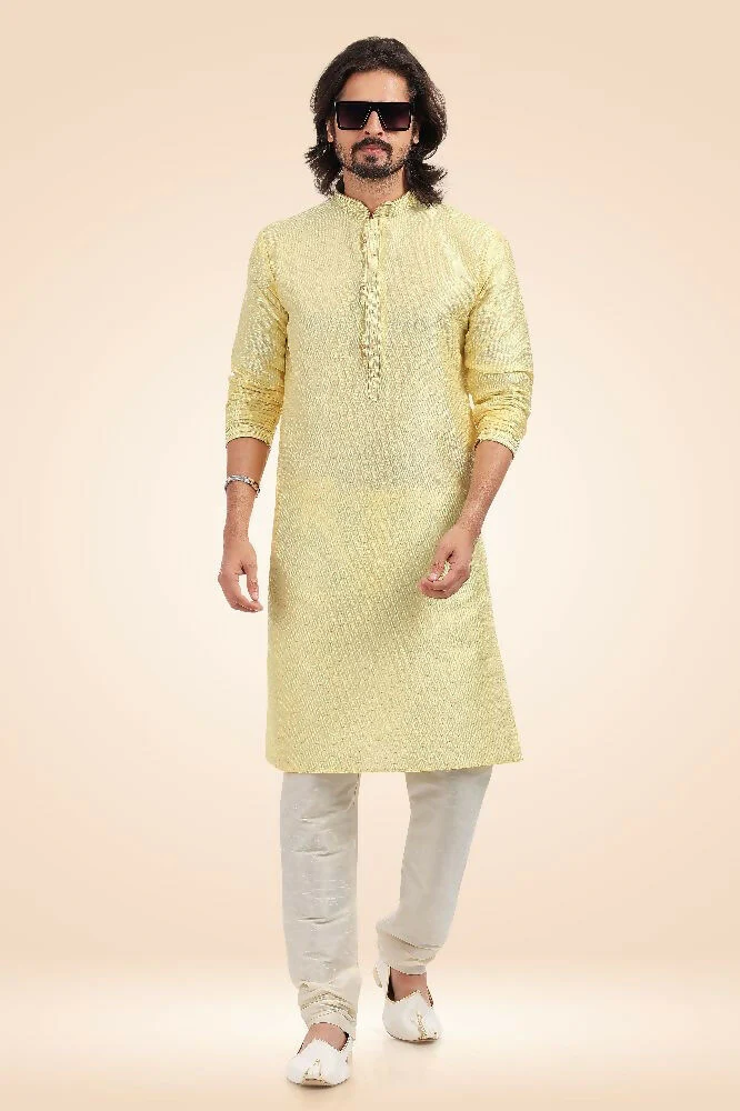 Raivat Ethnic Jacquard Banarasi Silk Pintux Work Kurta Pajama In Lemon Colour - Image 3