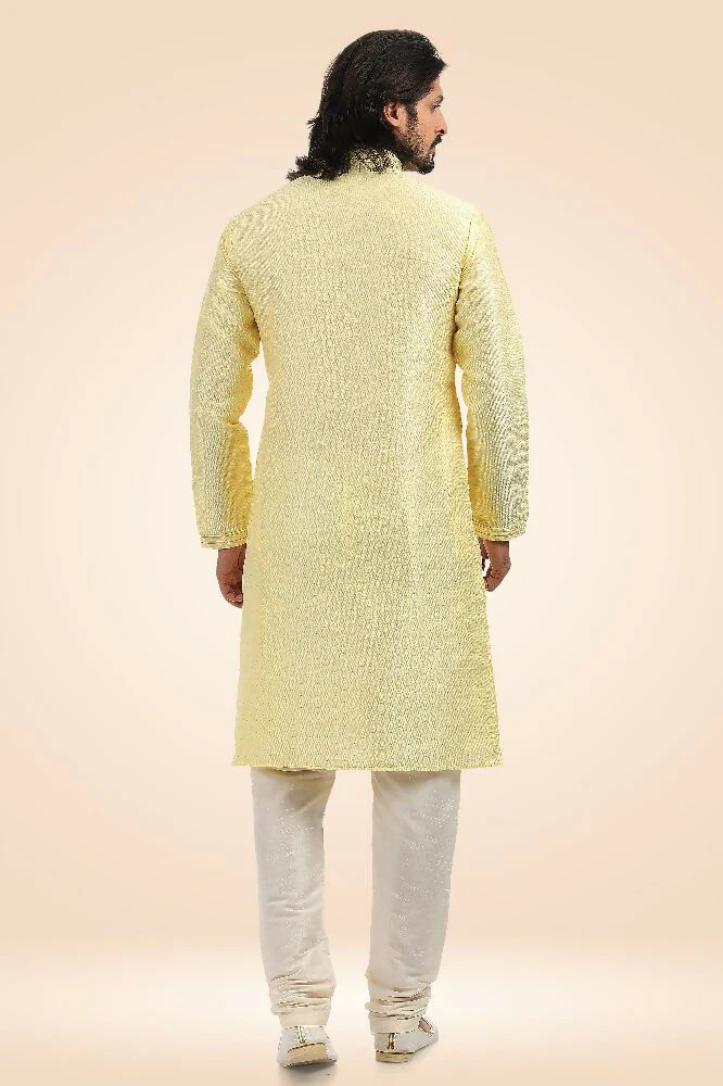 Raivat Ethnic Jacquard Banarasi Silk Pintux Work Kurta Pajama In Lemon Colour - Image 4