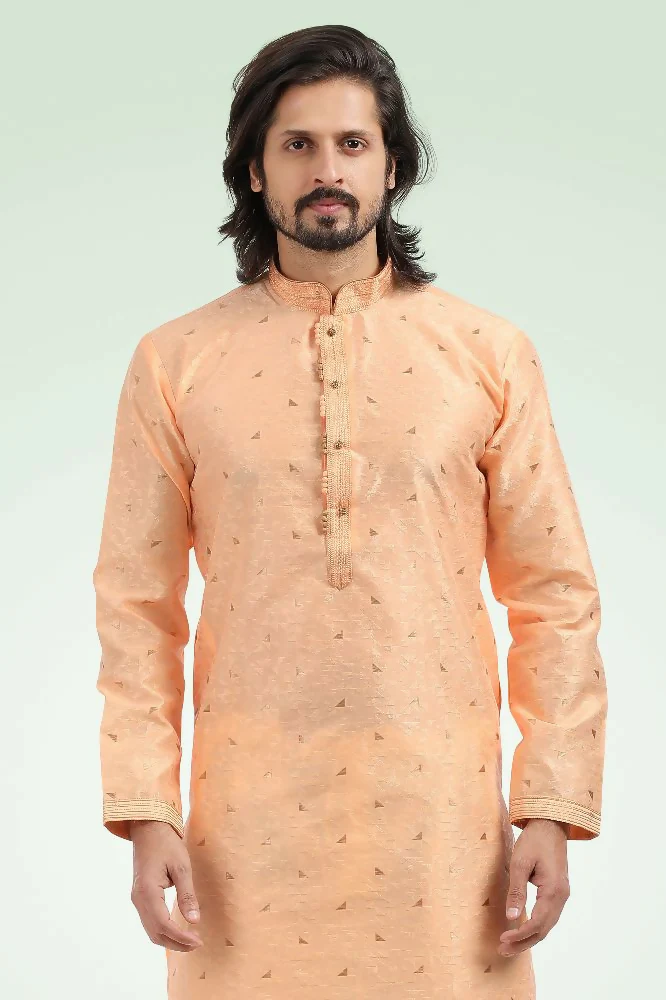 Raivat Ethnic Jacquard Banarasi Silk Pintux Work Kurta Pajama In Peach Colour - Image 2