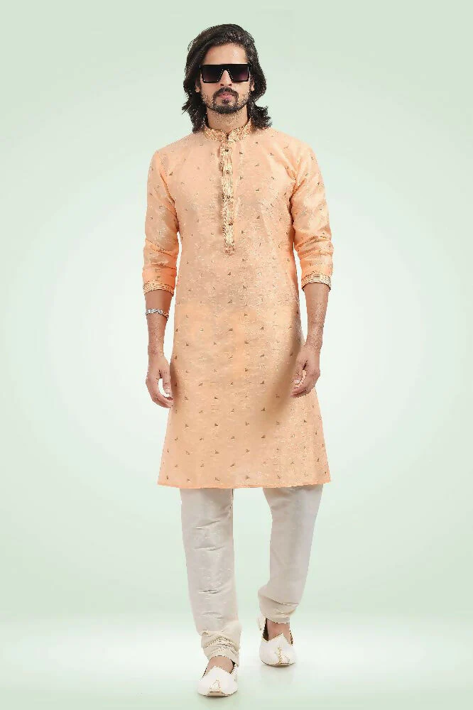 Raivat Ethnic Jacquard Banarasi Silk Pintux Work Kurta Pajama In Peach Colour - Image 3