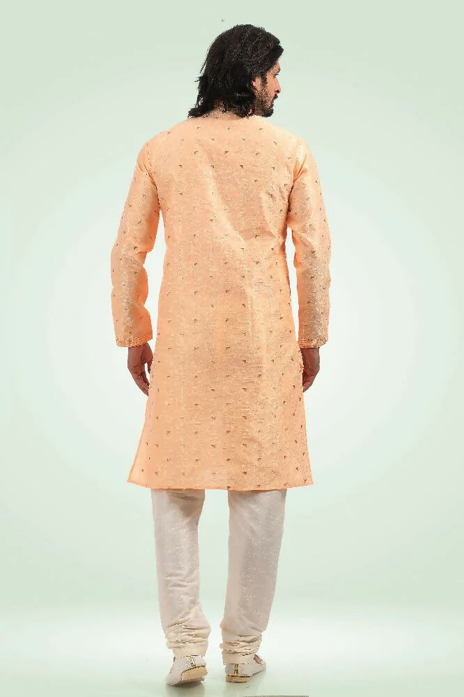 Raivat Ethnic Jacquard Banarasi Silk Pintux Work Kurta Pajama In Peach Colour - Image 4