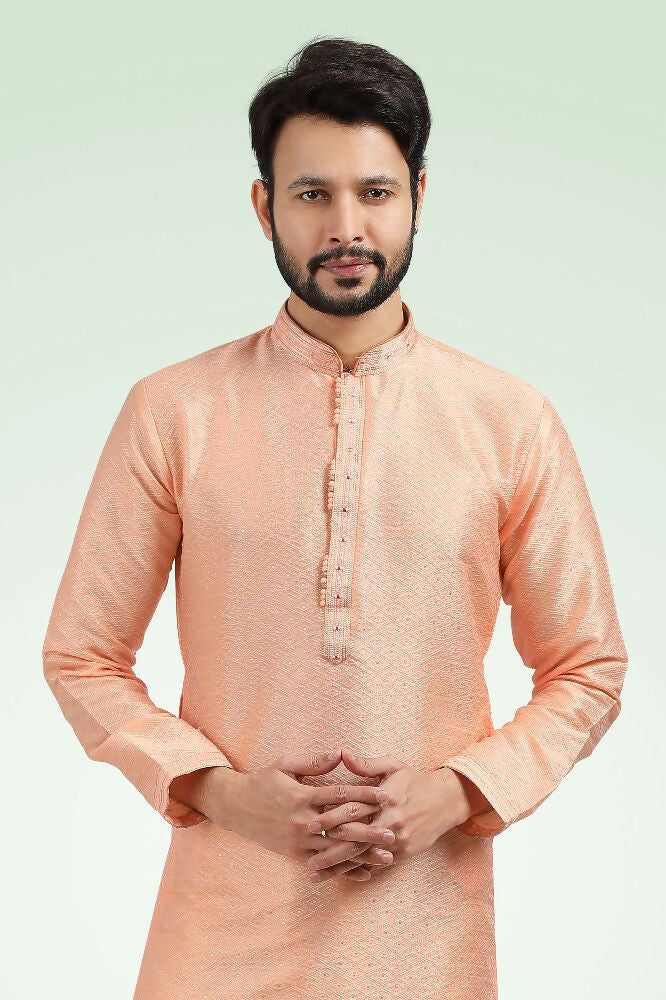 Raivat Ethnic Jacquard Banarasi Silk Pintux Work Kurta Pajama In Peach Colour - Image 2