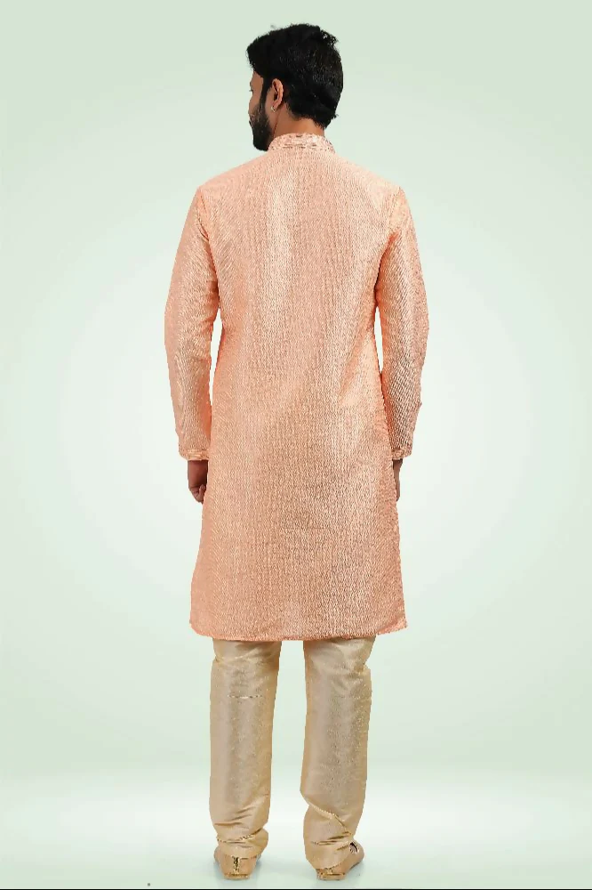 Raivat Ethnic Jacquard Banarasi Silk Pintux Work Kurta Pajama In Peach Colour - Image 3