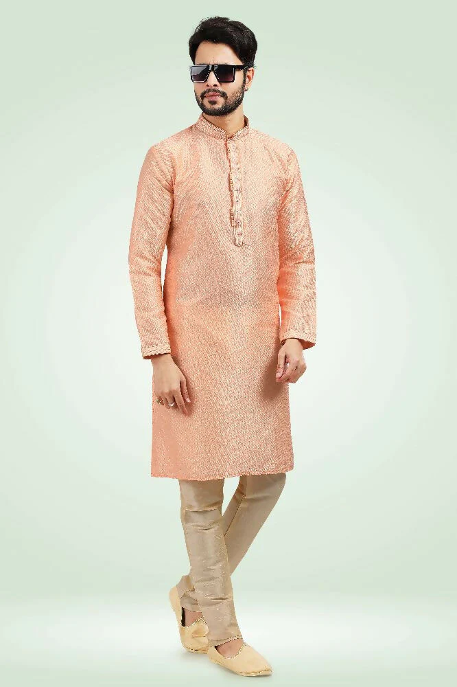 Raivat Ethnic Jacquard Banarasi Silk Pintux Work Kurta Pajama In Peach Colour - Image 4