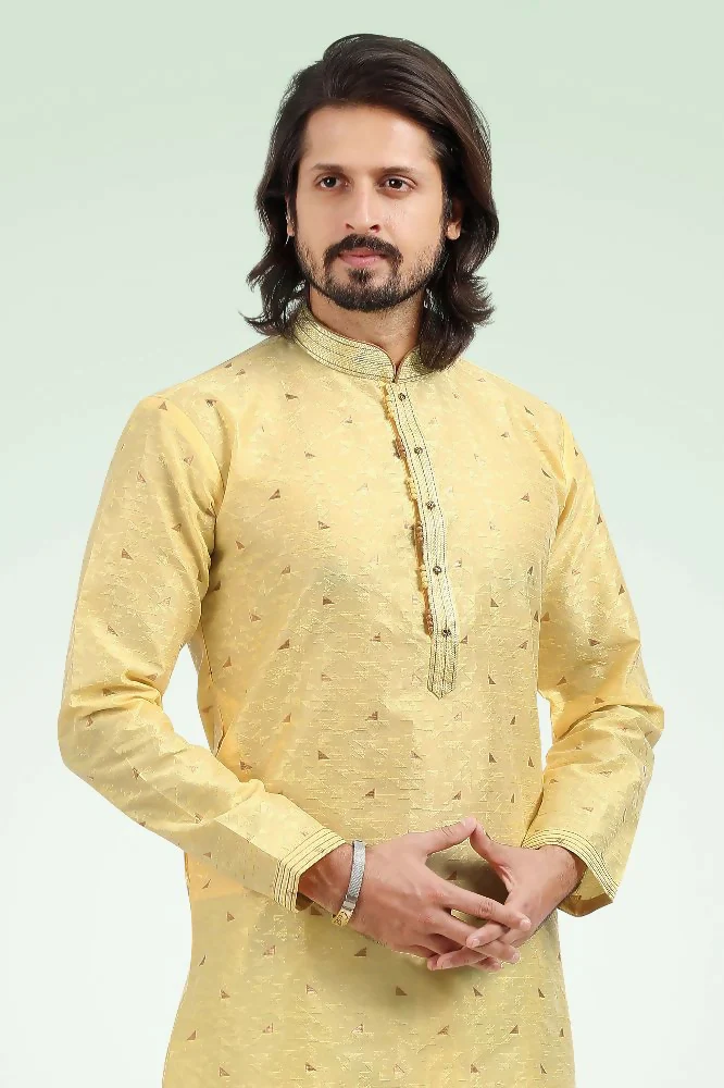 Raivat Ethnic Jacquard Banarasi Silk Pintux Work Kurta Pajama In Yellow Colour - Image 2