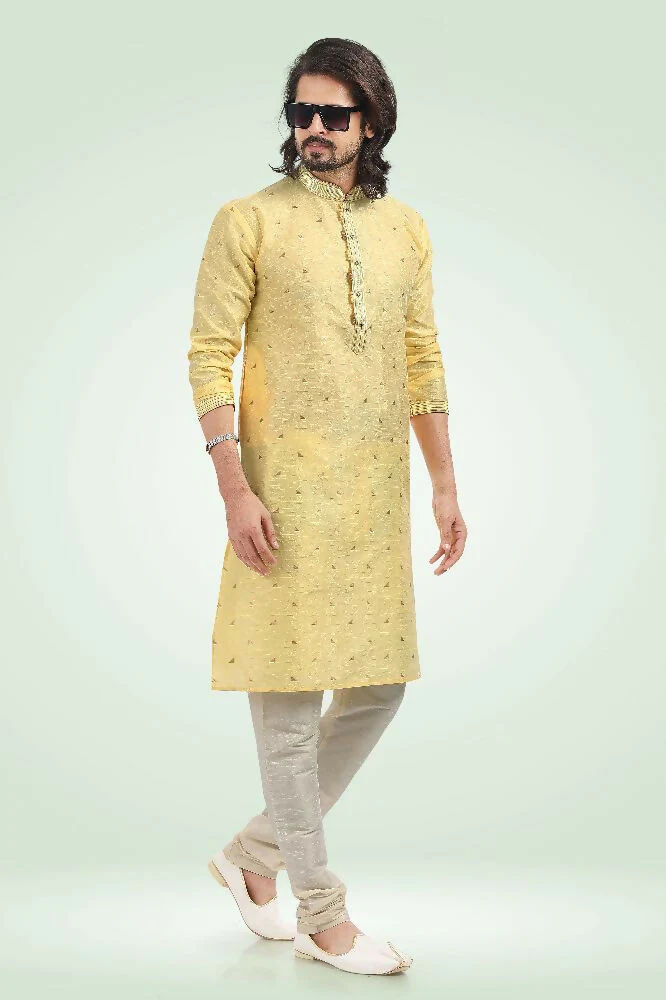 Raivat Ethnic Jacquard Banarasi Silk Pintux Work Kurta Pajama In Yellow Colour - Image 3