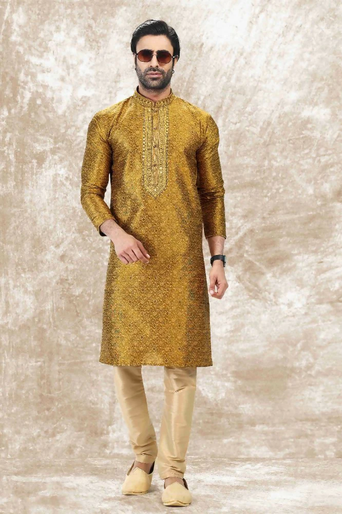 Raivat Ethnic Jacquard Silk Brocade Mirror and Thread Work Kurta Pajama In Golden Colour - Image 2