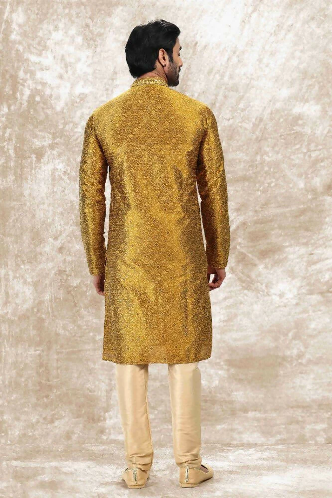 Raivat Ethnic Jacquard Silk Brocade Mirror and Thread Work Kurta Pajama In Golden Colour - Image 3