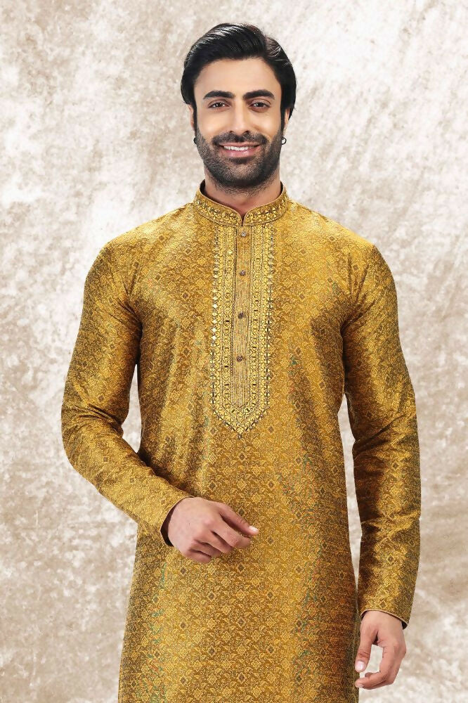 Raivat Ethnic Jacquard Silk Brocade Mirror and Thread Work Kurta Pajama In Golden Colour - Image 4