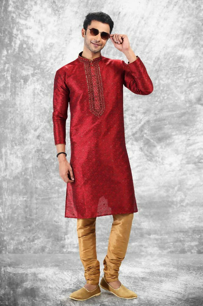 Raivat Ethnic Jacquard Silk Brocade Mirror and Thread Work Kurta Pajama In Maroon Colour - Image 2