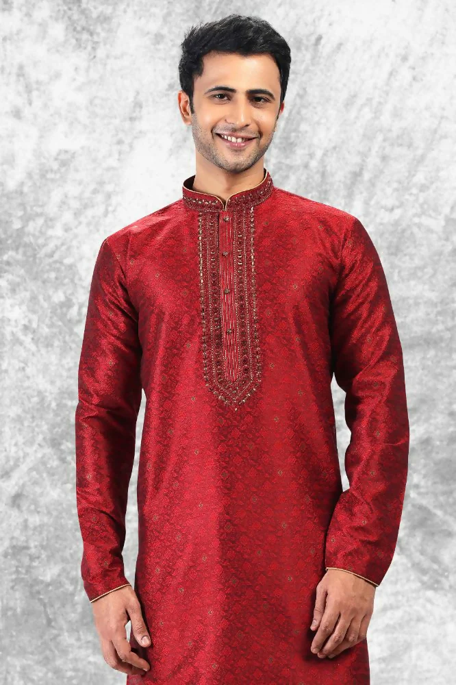 Raivat Ethnic Jacquard Silk Brocade Mirror and Thread Work Kurta Pajama In Maroon Colour - Image 3