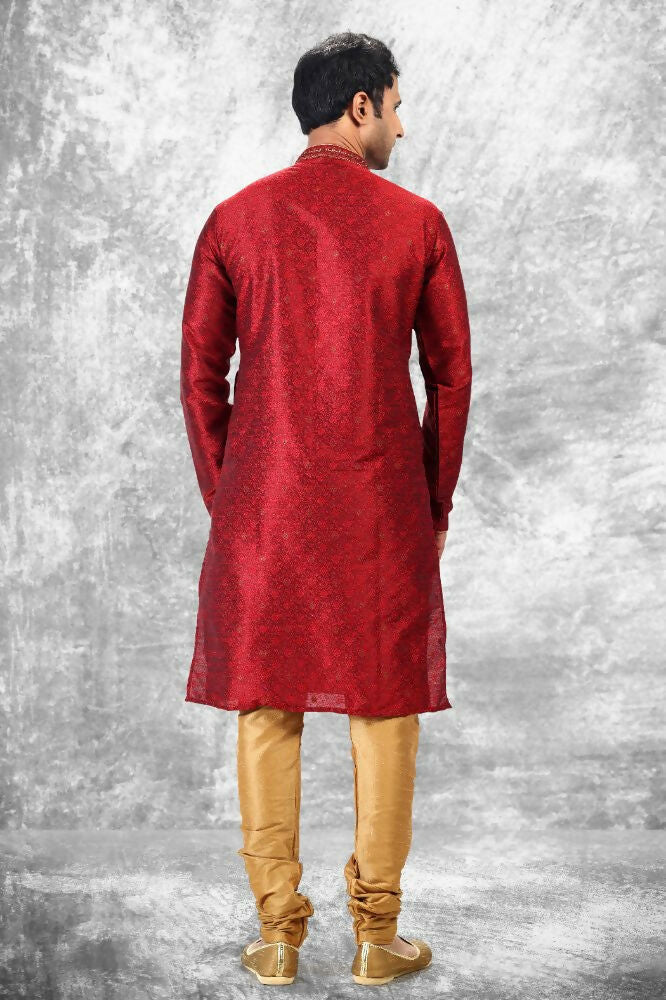 Raivat Ethnic Jacquard Silk Brocade Mirror and Thread Work Kurta Pajama In Maroon Colour - Image 4