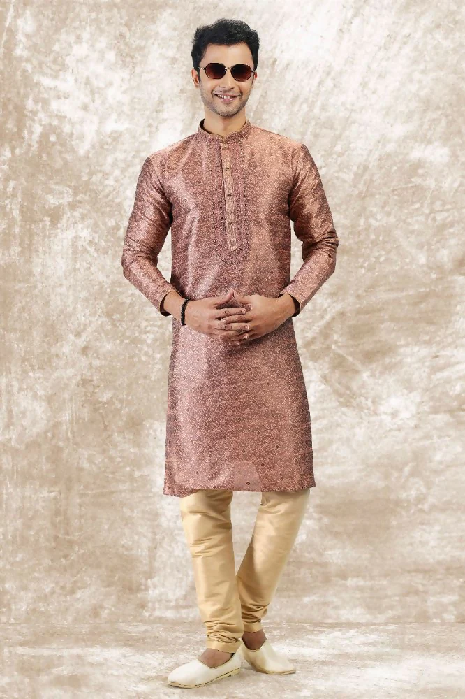Raivat Ethnic Jacquard Silk Brocade Mirror and Thread Work Kurta Pajama In Onion Pink Colour - Image 2