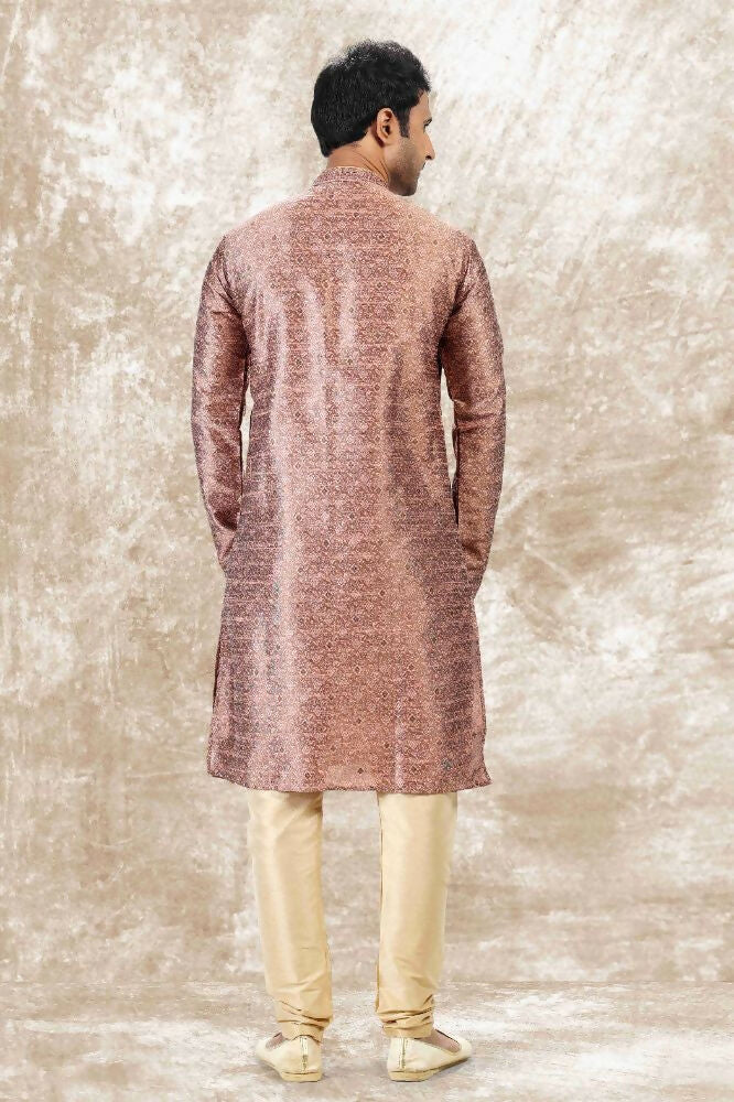 Raivat Ethnic Jacquard Silk Brocade Mirror and Thread Work Kurta Pajama In Onion Pink Colour - Image 3