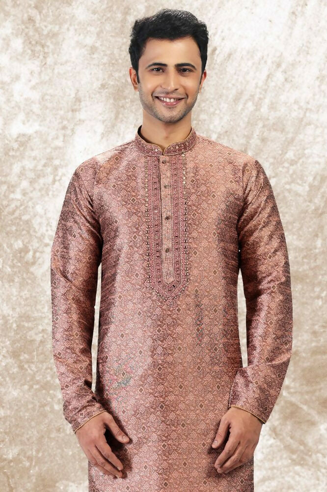 Raivat Ethnic Jacquard Silk Brocade Mirror and Thread Work Kurta Pajama In Onion Pink Colour - Image 4