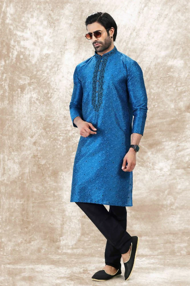 Raivat Ethnic Jacquard Silk Brocade Thread Work Kurta Pajama In Blue Colour - Image 2