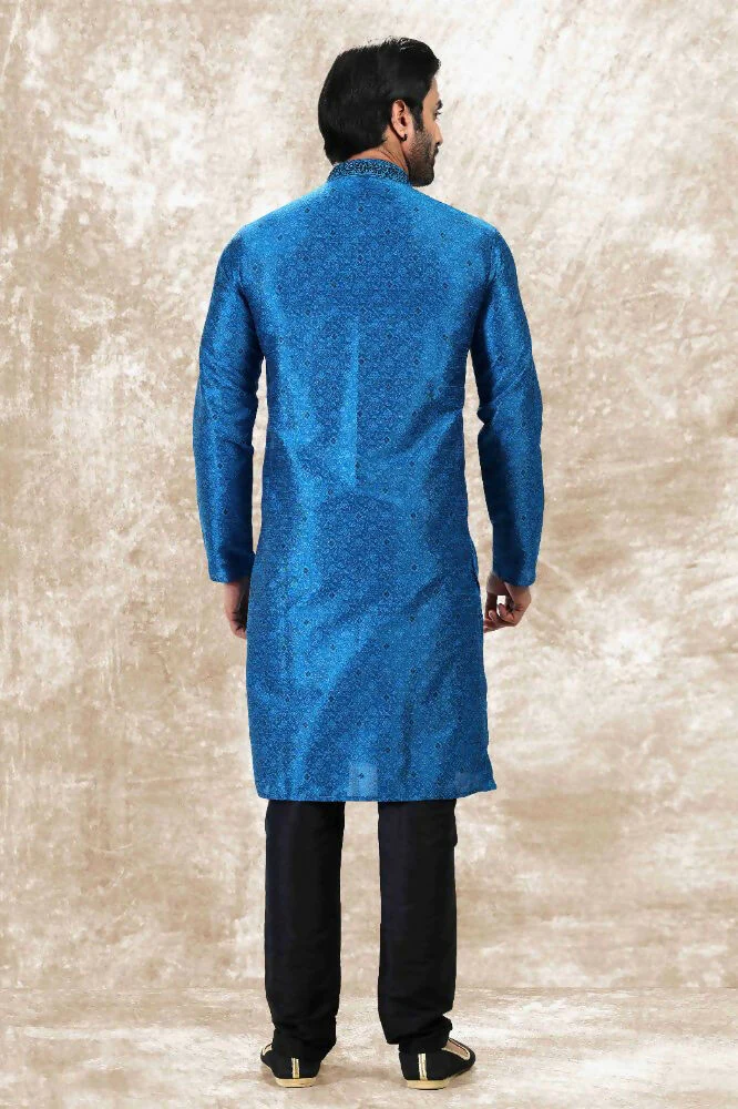 Raivat Ethnic Jacquard Silk Brocade Thread Work Kurta Pajama In Blue Colour - Image 3