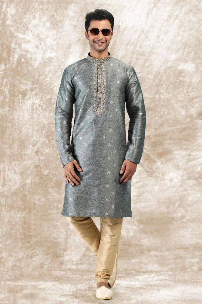 Raivat Ethnic Jacquard Silk Brocade Thread Work Kurta Pajama In Grey Colour - Image 2
